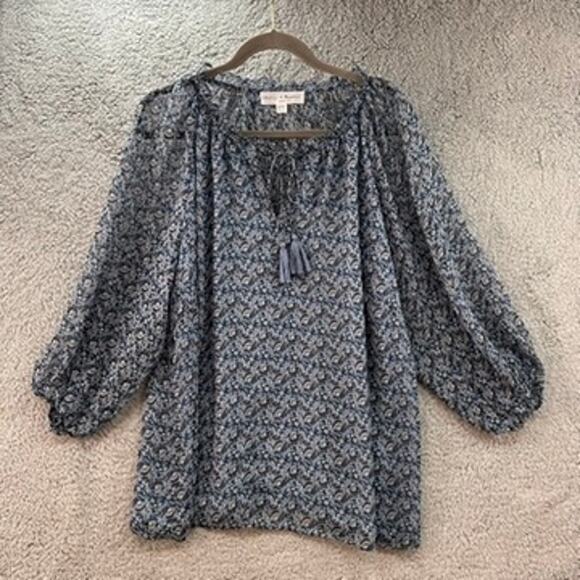 Chelsea & Theodore 2X Blue Floral Sheer Boho Blouse Balloon Sleeves Flowy - Picture 1 of 10